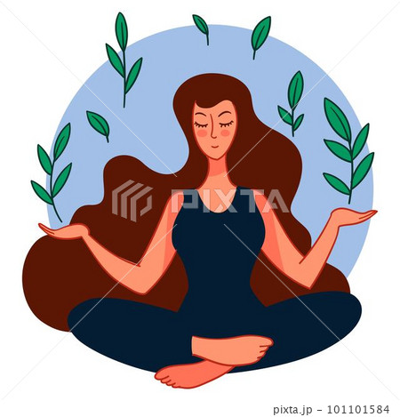 Calm female character doing yoga sitting in asana 101101584