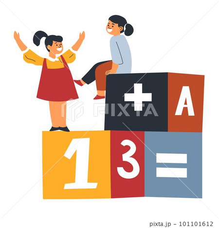 Girls playing cubes with maths numbers and letters 101101612