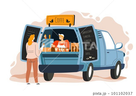 Coffee truck seller and customer at street vector 101102037