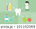 Good friend for tooth have dentist, toothbrush, toothpaste, floss, mouthwash, fruit and vegetable (good for dental health care and hygiene) - teeth cartoon vector flat style 101102068