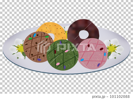 「クッキー3種のカラフル」と「ドーナツ2種」白皿 花柄 「クッキー3種のカラフル」と「ドーナツ2種」白皿 花柄 101102088