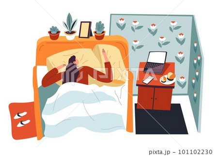 Teenager sleeping in bedroom, table with laptop 101102230