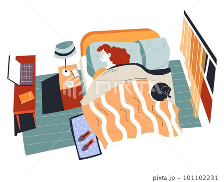 Young girl sleeping in bed with cat, teenager Young girl sleeping in bed with cat, teenager 101102231