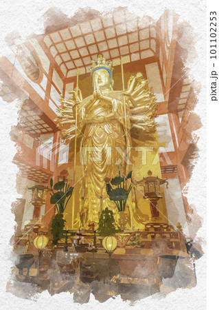 水彩画風　和歌山　紀三井寺　仏殿　大千手十一面観音菩薩　和歌山県和歌山市 101102253