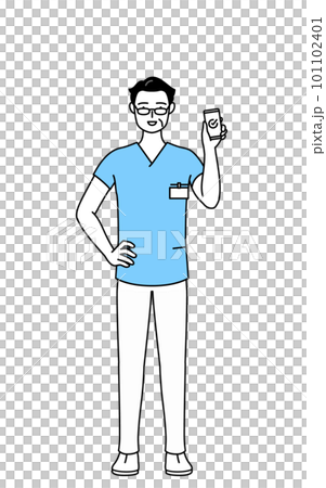 仕事でスマホを使う中年・シニア男性看護師、理学療法士、作業療法士、言語聴覚士、看護助手 101102401