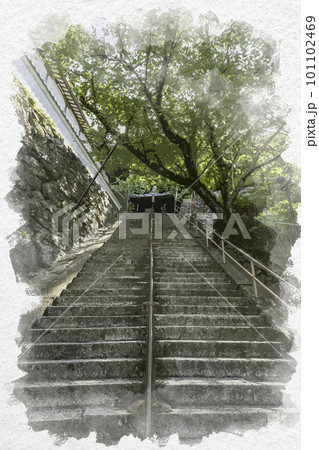 水彩画風　和歌山　紀三井寺　結縁坂　和歌山県和歌山市 101102469