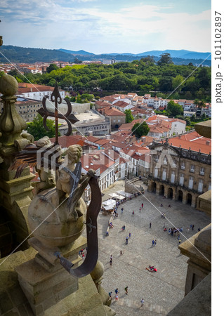Obradoiro square view from Santiago de Compostela Cathedral, Galicia, Spain 101102897