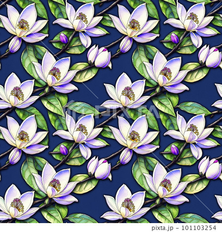 Floral tropical seamless pattern with Magnolia flowers and green leaves on blue backdrop, wallpaper design, watercolor illustration for textile design, cover, wallpaper, wrapping paper. AI generated 101103254
