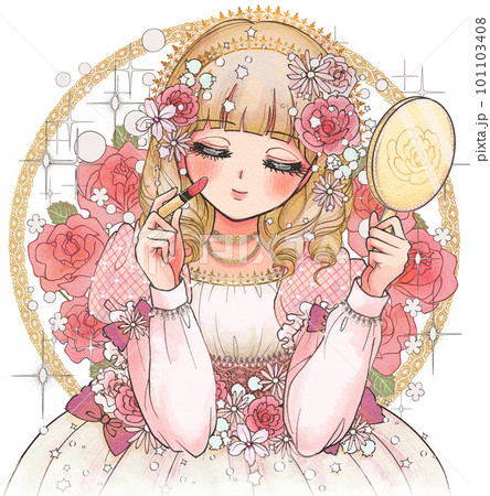 口紅、ルージュ、グロス、メイクを楽しむお姫様のイラスト 101103408