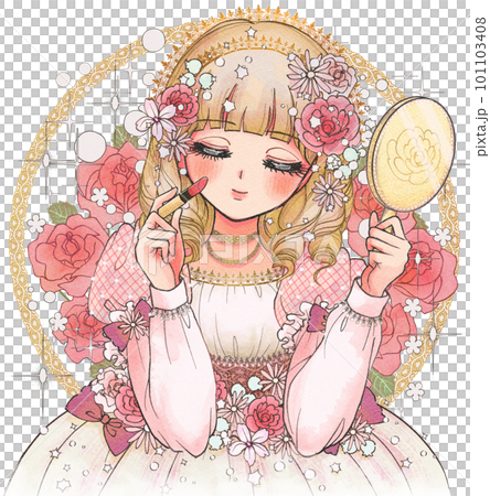 口紅、ルージュ、グロス、メイクを楽しむお姫様のイラスト 101103408
