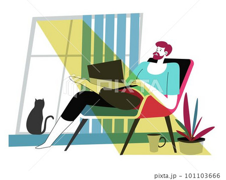 Freelancer character working on laptop with cat 101103666