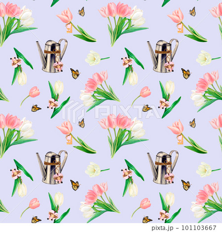 Watercolour drawn square pattern with beautiful pink and white tulip bouquets, detached flowers, butterflies, watering cans, hearts on light-blue background. For background, napkin, textile printing. 101103667