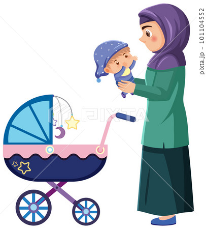 Muslim Girl Carrying Baby Cartoon Character 101104552