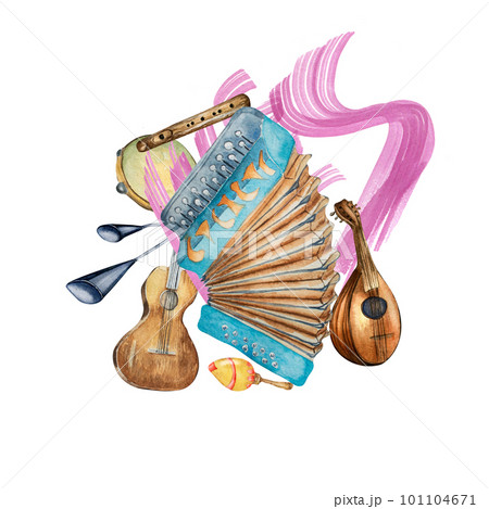Composition of accordion watercolor illustration and paint stroke background isolated. 101104671