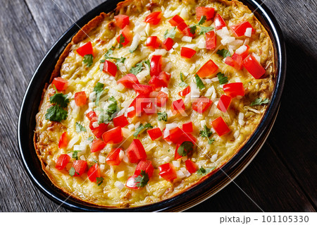 Green Chile Enchilada Casserole in baking dish 101105330