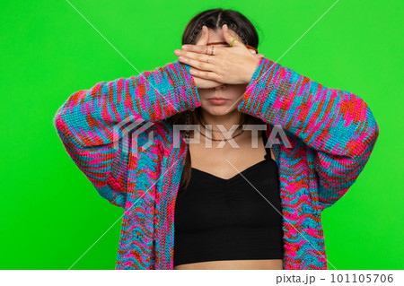 Afraid young woman closing eyes with hand showing stop gesture, confused shy scared to watch, awful Afraid young woman closing eyes with hand showing stop gesture, confused shy scared to watch, awful 101105706