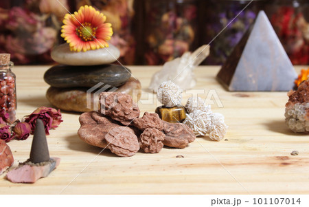 Incense Cones and Desert Rose Rocks on Meditation Table 101107014
