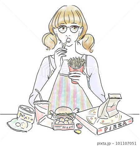 ジャンクフードを過食する可愛い女性 ジャンクフードを過食する可愛い女性 101107051