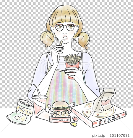 ジャンクフードを過食する可愛い女性 ジャンクフードを過食する可愛い女性 101107051
