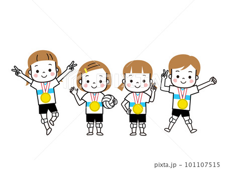 金メダルをして喜んでいる女子バレーボール選手　 101107515