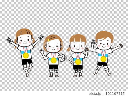 金メダルをして喜んでいる女子バレーボール選手　 101107515