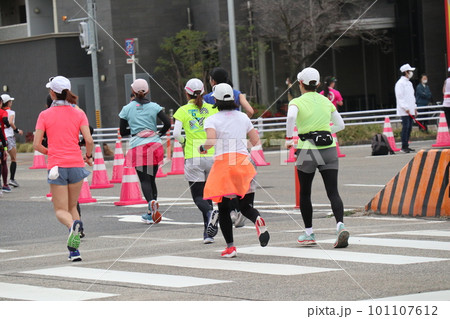 マラソン大会で懸命に走る女性ランナーたち 101107612
