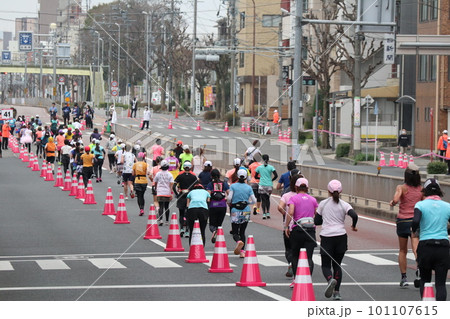 マラソン大会で懸命に走る女性ランナーたち 101107615