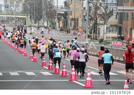 マラソン大会で懸命に走る女性ランナーたち 101107616