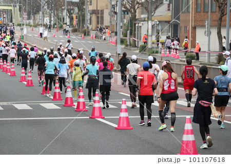 マラソン大会で懸命に走る女性ランナーたち マラソン大会で懸命に走る女性ランナーたち 101107618
