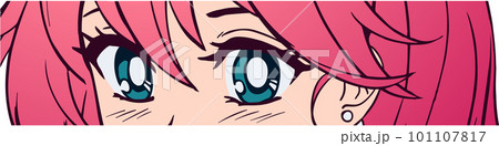 Anime manga style cute eyes. Girl with pink hair. Hand drawn vector 101107817