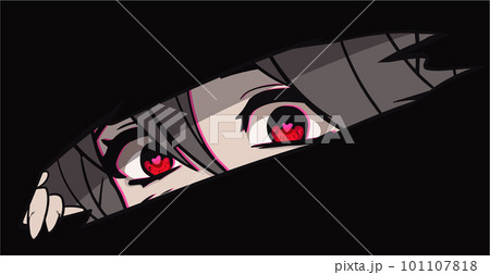 Anime manga eyes looking from a paper tear. Red yandere eyes with hearts. Vector hand drawn image on black background. 101107818