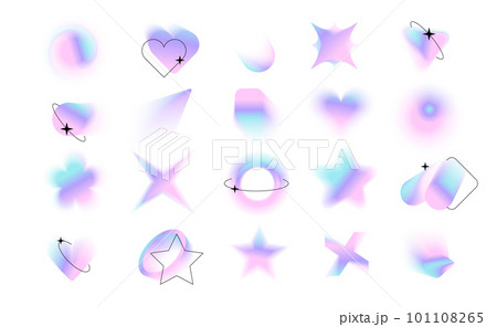 Blurred gradient holographic shapes set with black linear forms and sparkles.Big blurry aura aesthetic elements collection in y2k style. Modern minimalist design element with blur effect. eps10 vector 101108265