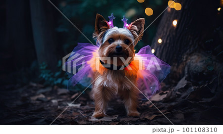 AI generated cute cat wearing a carnival costume on a black background 101108310