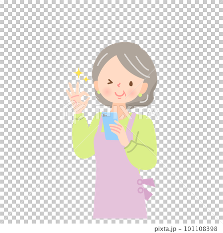 スマホの画面を見てOKサインをするエプロン姿の中年女性 101108398