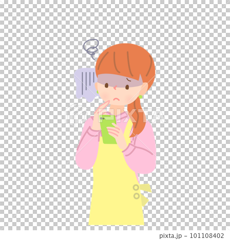 スマホの画面をて不安な顔をするエプロン姿の女性 101108402