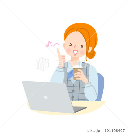 仕事中にコーヒーを飲んで一息入れる笑顔の女性 101108407