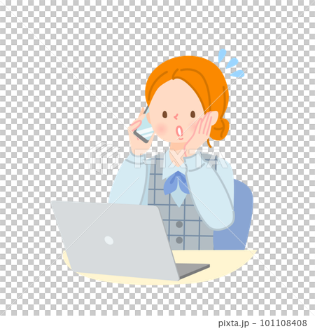 A woman talking on a smartphone while operating a laptop A woman talking on a smartphone while operating a laptop 101108408