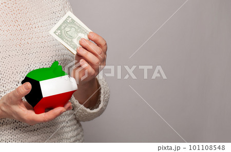 Flag of Kuwait on money bank in Kuwaiti woman hands. Flag of Kuwait on money bank in Kuwaiti woman hands. 101108548