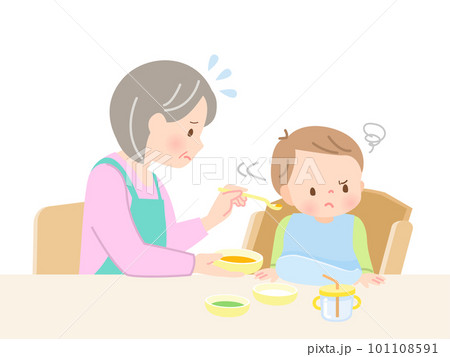 赤ちゃんに離乳食を食べさせる祖母と嫌がる赤ちゃん 赤ちゃんに離乳食を食べさせる祖母と嫌がる赤ちゃん 101108591