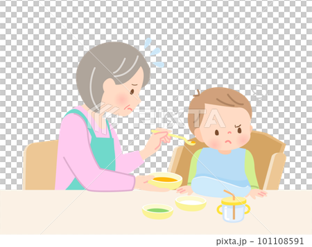赤ちゃんに離乳食を食べさせる祖母と嫌がる赤ちゃん 赤ちゃんに離乳食を食べさせる祖母と嫌がる赤ちゃん 101108591