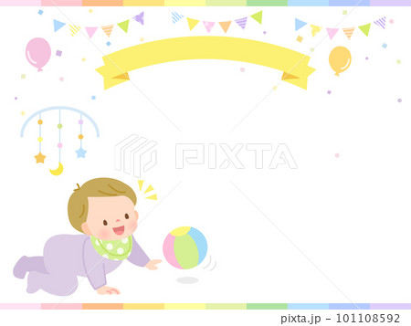 ボールで元気に遊ぶ赤ちゃんとデザイン背景 101108592
