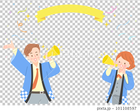 Male and female salespeople in happi coats calling out with megaphones 101108597