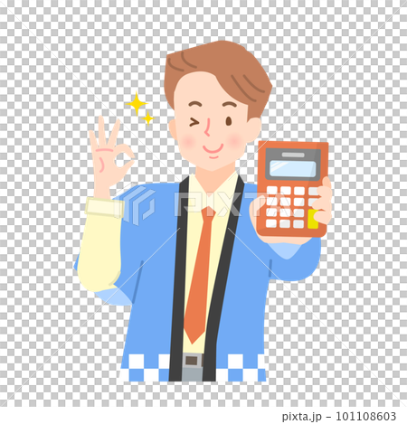 電卓で見積もり金額を表示する法被姿の若い男性 101108603