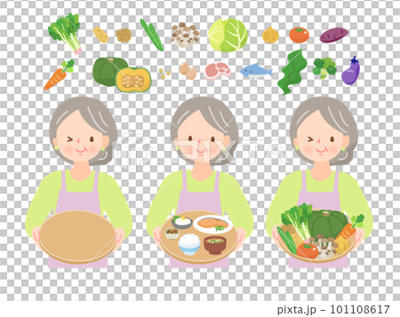 圍裙的資深婦女運載菜和飯食 101108617
