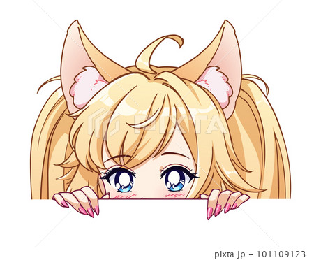 Anime peeking girl. Big eyes, blonde hair, pink nails 101109123