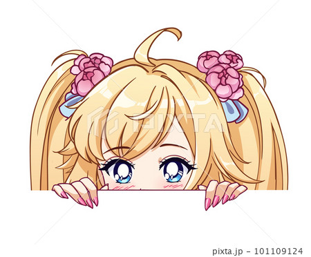 Anime peeking girl. Big eyes, blonde hair, pink nails 101109124