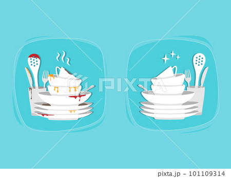 Clean and dirty plate, bowl, dirt and leftovers. Isolated vestor illustration, before and after 101109314