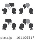 Speaking people. Couple conversation, dialogue bubbles and chat avatars profile portraits talk together vector 101109317