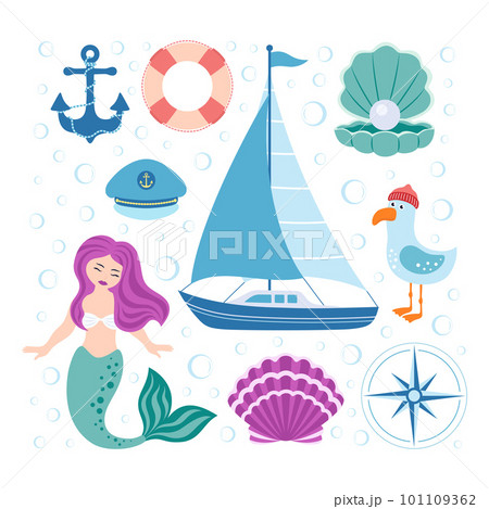 cartoon nautical set isolated on white, vector illustration 101109362