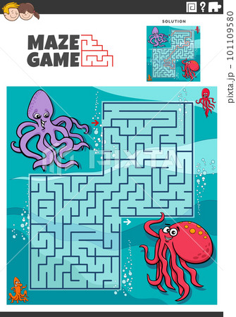 maze game with cartoon octopus animal characters maze game with cartoon octopus animal characters 101109580